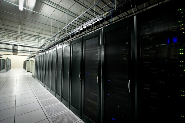 Interior view of a data center with equipment.