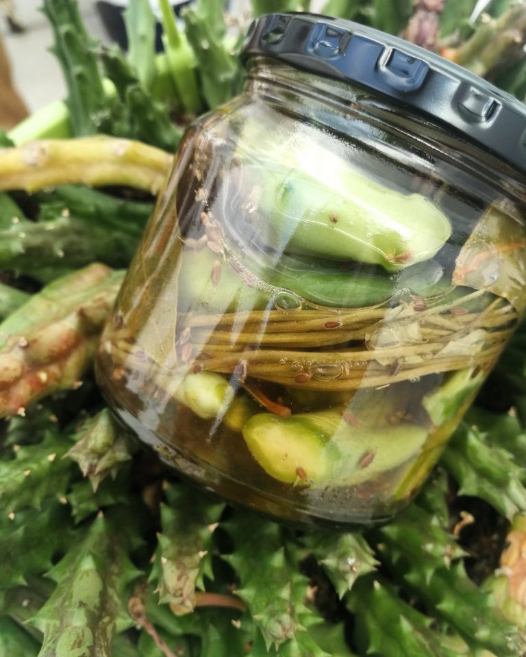 A jar of preserved vegetables.