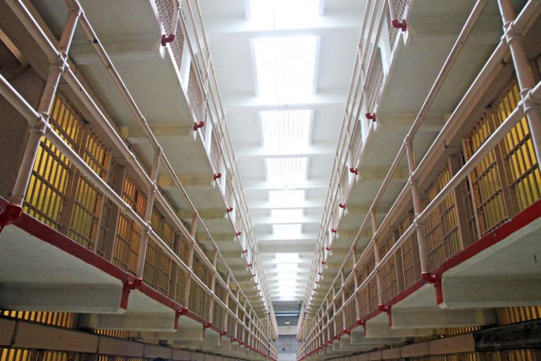 The interior of the prison on Alcatraz Island showing the prison cells.