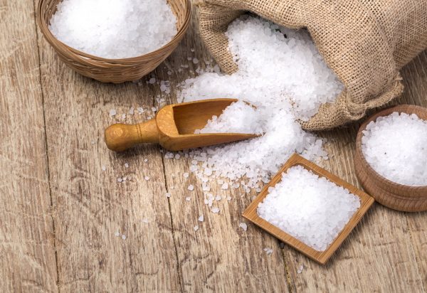 Sea salt in a bag and containers.