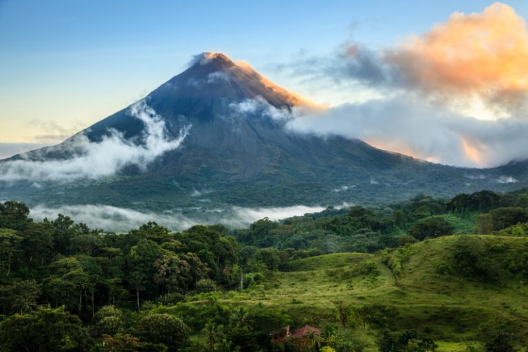 Scenic view of Arenal Volcano in central Costa Rica at sunrise.