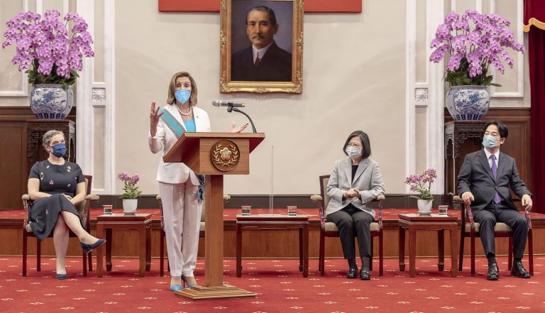 . House Speaker Nancy Pelosi delivers remarks as Taiwan President Tsai Ing-wen listens at the Presidential Office in Taipei on Wednesday, August 3.