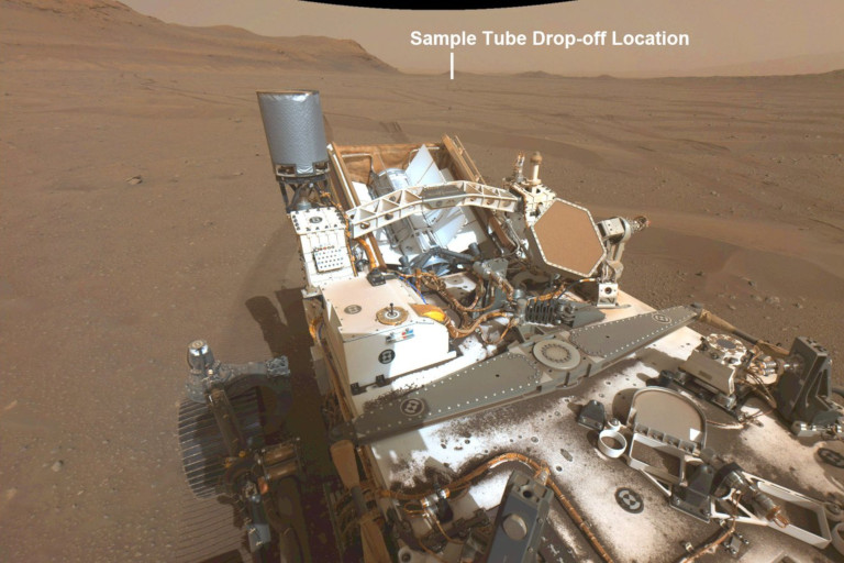 This annotated image from NASA’s Perseverance shows the location of the first sample depot — where the Mars rover will deposit a group of sample tubes for possible future return to Earth — in an area of Jezero Crater called Three Forks.