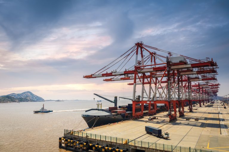 A row of cranes in the Shanghai container deepwater port with a ship waiting to be unloaded.