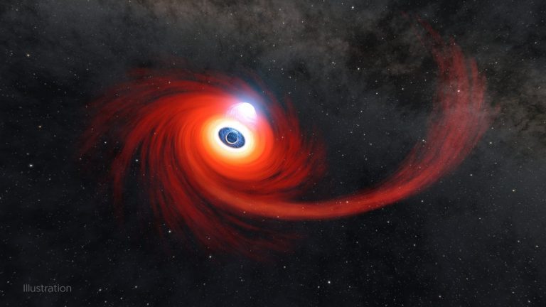 A disk of hot gas swirls around a black hole.