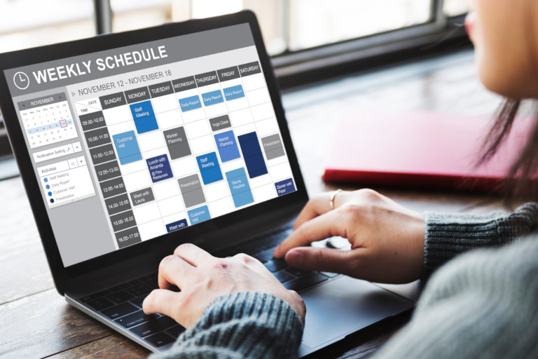 Woman sits at her laptop and checks her calendar program.