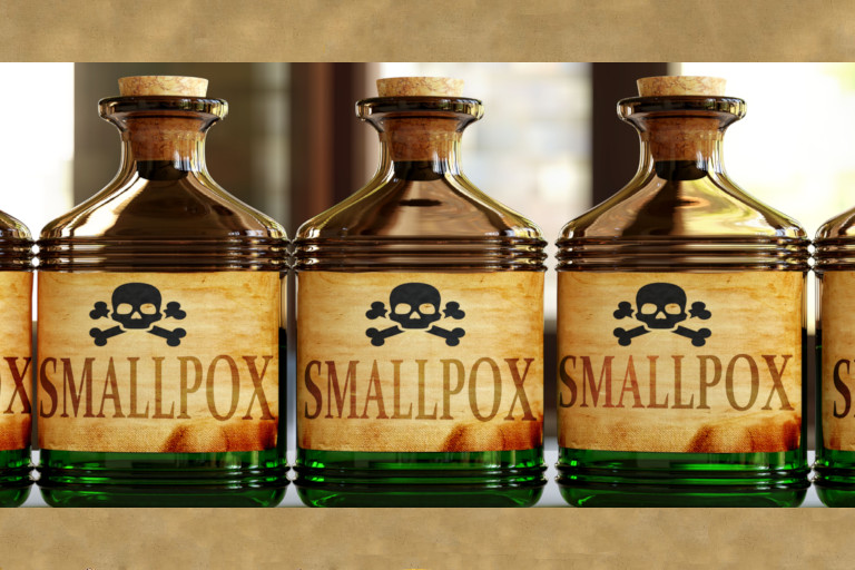 Amber bottles with labels showing a skull and crossbones in black and the word "Smallpox" in red.