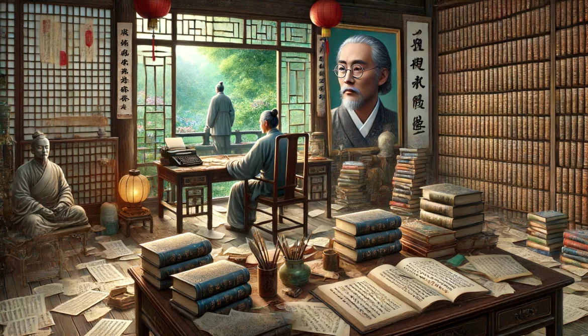 Hu Shih in Taiwan, surrounded by books and manuscripts, contemplating the fate of his fellow scholars in mainland China.