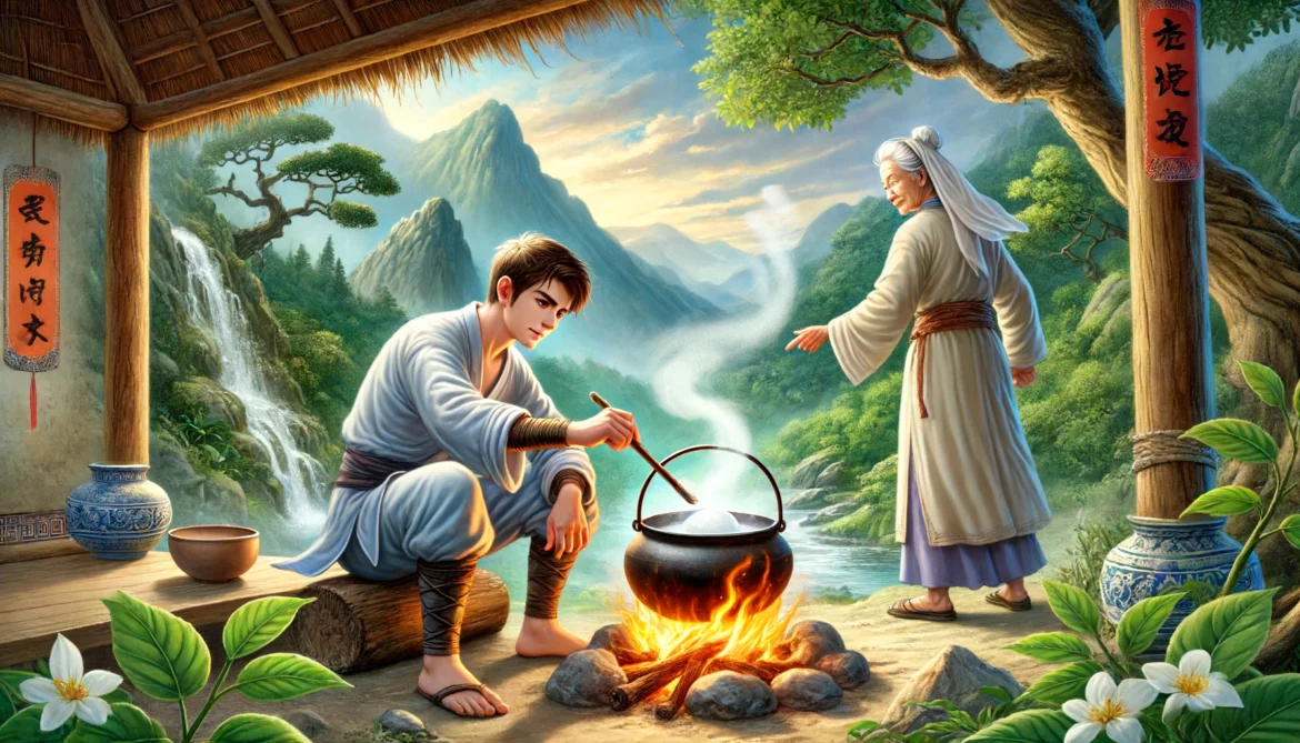 Shen Jing boiling a white stone.