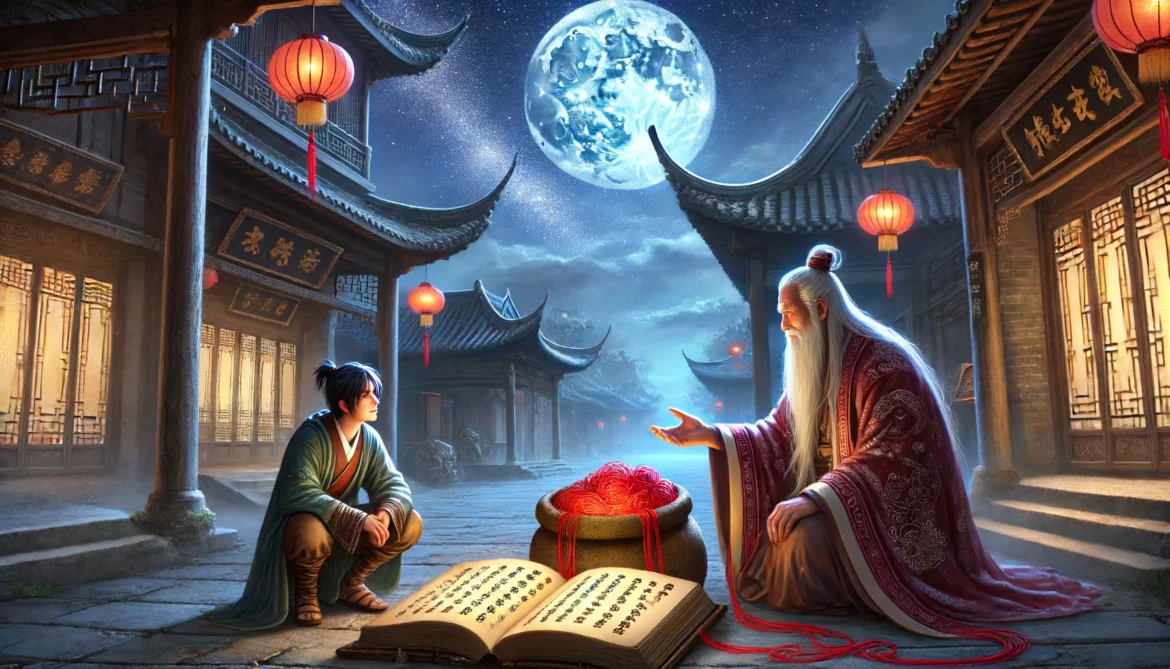 An elderly man with a large book and a bag of red strings sits under the moonlight in the Tang Dynasty's Song City, talking to Wei Gu.
