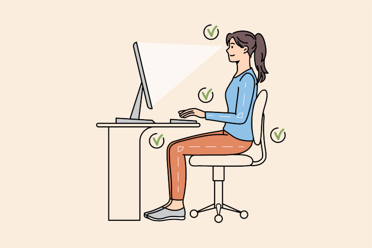 Illustration of a female sitting with proper ergonomic form in front of a computer.