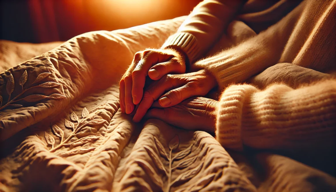 Intertwined hands of an elderly couple symbolizing unwavering love.