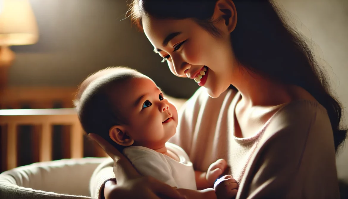 A baby looking into the eyes of her happy mother, symbolizing the tender bond between a baby and mother.