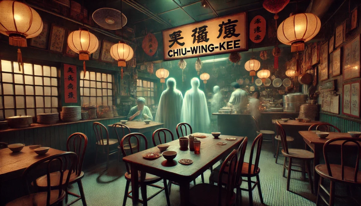 Atmospheric depiction of spectral figures in a Hong Kong restaurant.