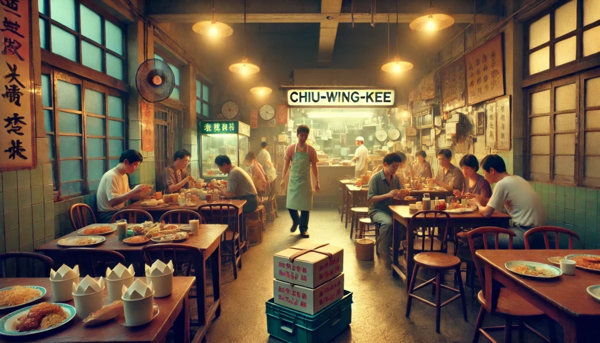 Interior of a bustling Hong Kong restaurant in the late 1980s.