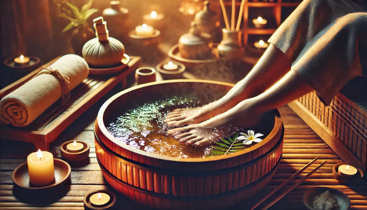 A person soaking their feet in vinegar and warm water.