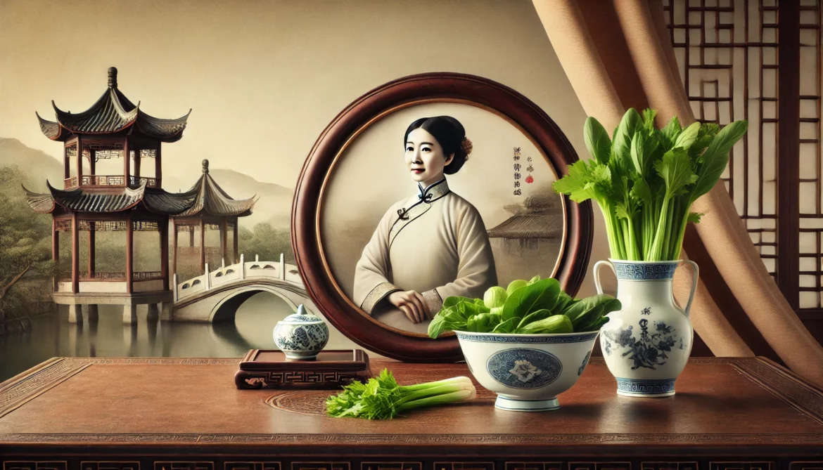 A serene vintage-style depiction of Soong Mei-ling, emphasizing her legacy of health with images of celery and spinach on a traditional Chinese table.