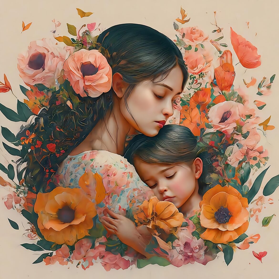 A serene moment between a mother and child surrounded by vibrant flowers, depicting warmth and tenderness.