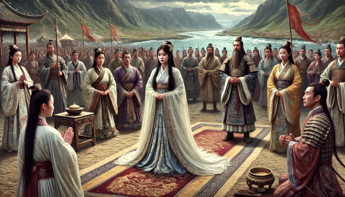 AI-generated image of a young Chinese girl dressed as a bride standing among a crowd of villagers beside a river.