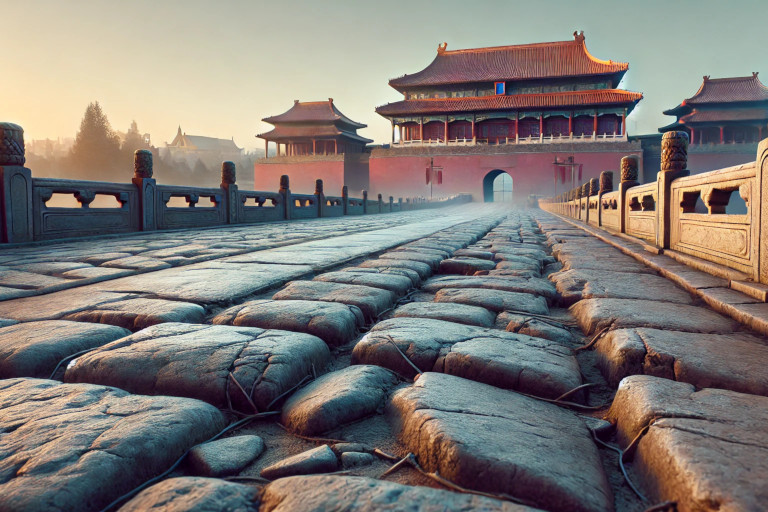 AI-generated image of a worn stone pathway near the Meridian Gate of the Forbidden City.