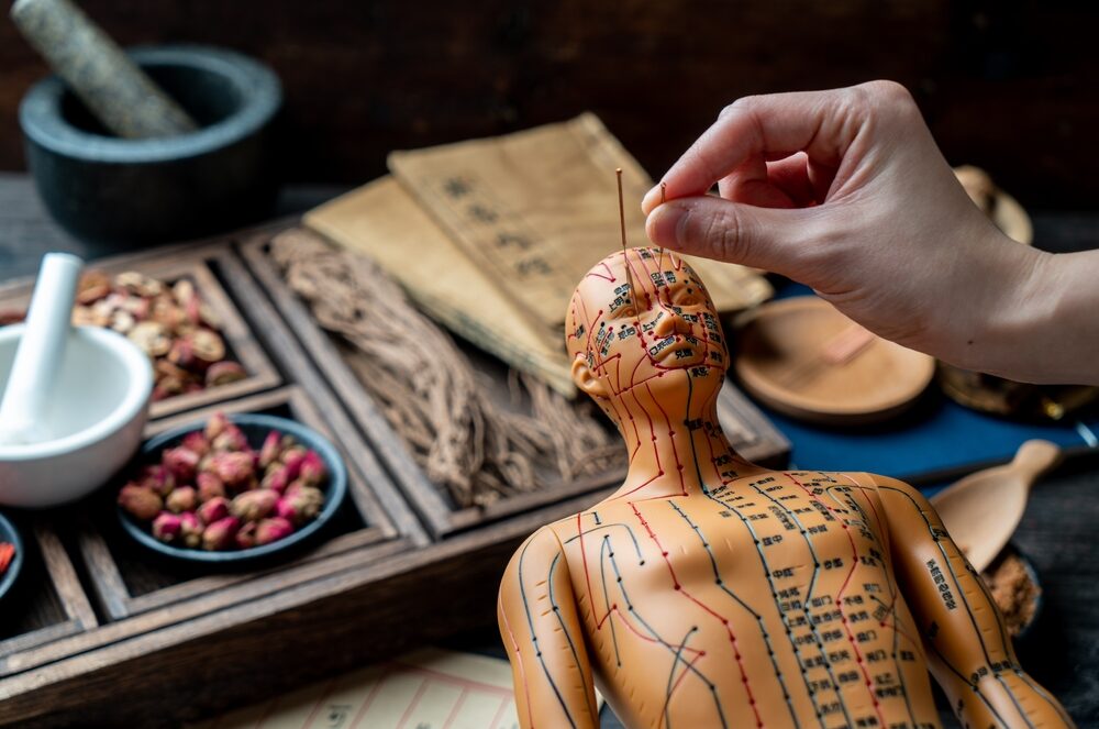 TCM practitioner sticking acupuncture needles in a model while Chinese herbs sit on a table in the background next to some mortars and pestles and pamphlets with Chinese writing on them.