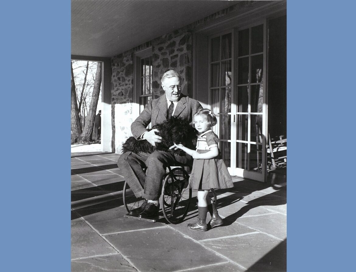 Franklin Roosevelt in a wheelchair.