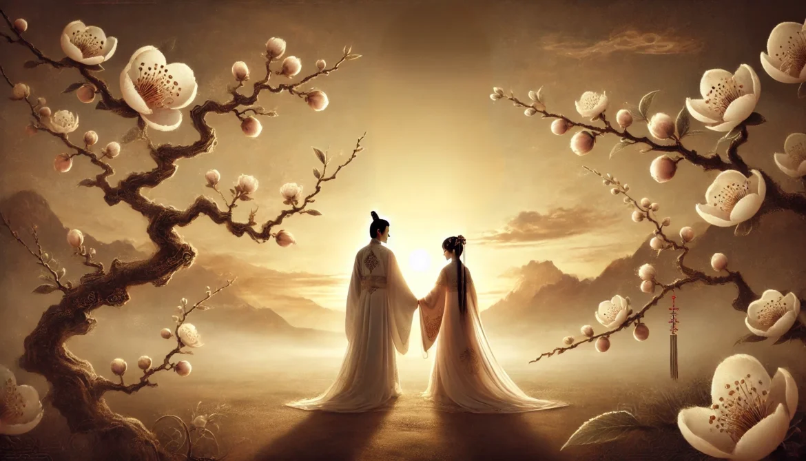 Traditional Chinese couple standing under a blossoming plum tree at sunrise, symbolizing enduring love and commitment.