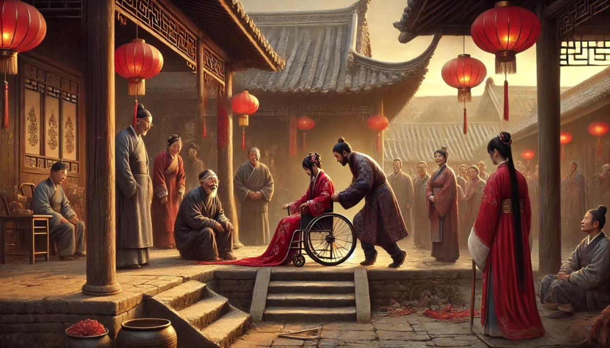 Groom assisting his disabled bride in a traditional courtyard surrounded by wooden architecture, with family watching respectfully.