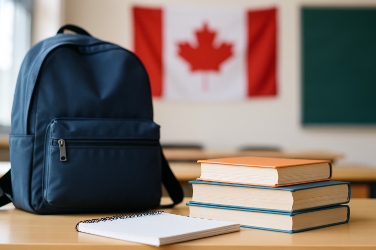 AI-generated image of a backpack, notebook, and text books sitting on a desk in a classroom with the blackboard and a Canadian flag in the background.
