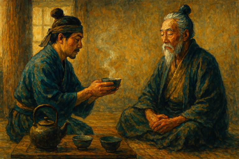 AI-generated image of a tea master solemnly serving tea to a martial arts grandmaster inside a rustic tearoom with warm lighting.