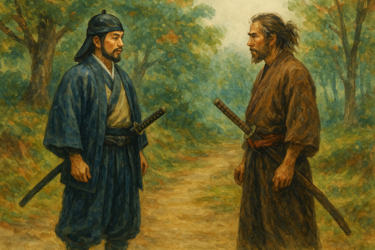 AI-generated image of a calm tea master in samurai attire facing a threatening ronin on a quiet path in Edo-period Japan.