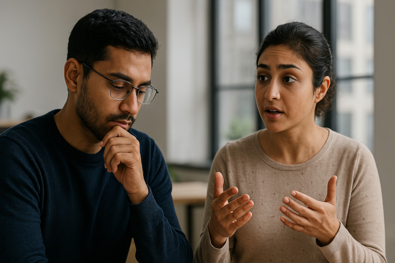 AI-generated image of a man in glasses listening thoughtfully during a conversation with a woman in a modern office setting.