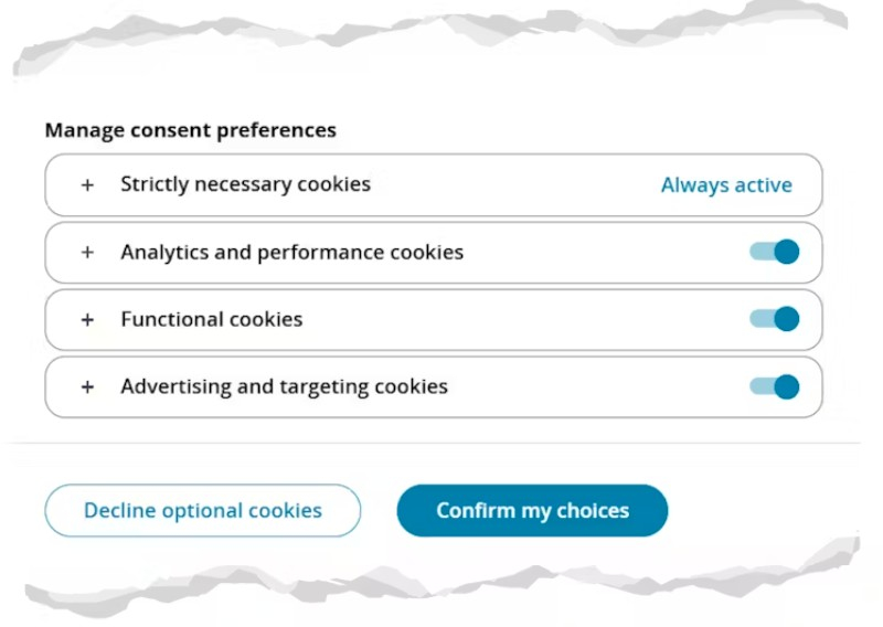 An example of cookie preferences offered by a website.