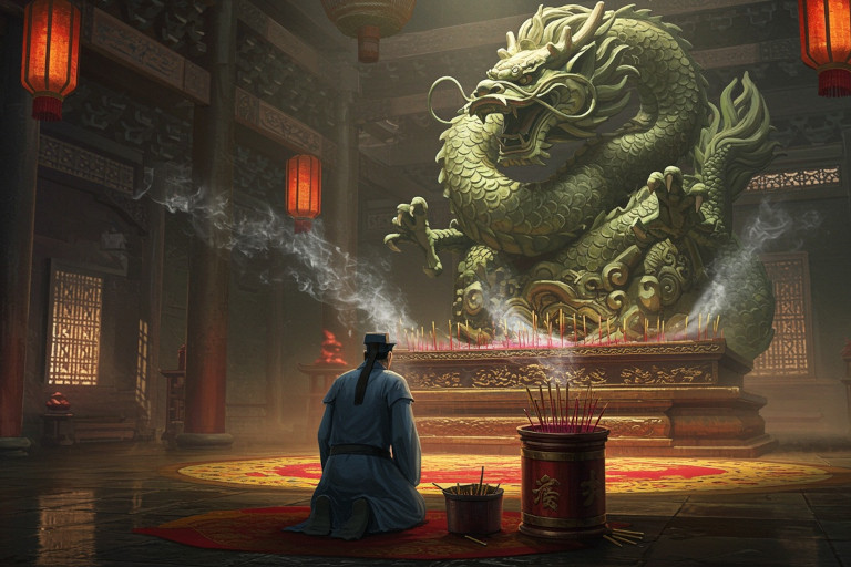 AI-generated image of a man in a blue robe kneeling in a temple before the statue of Dragon God next to burning incense and divination sticks.