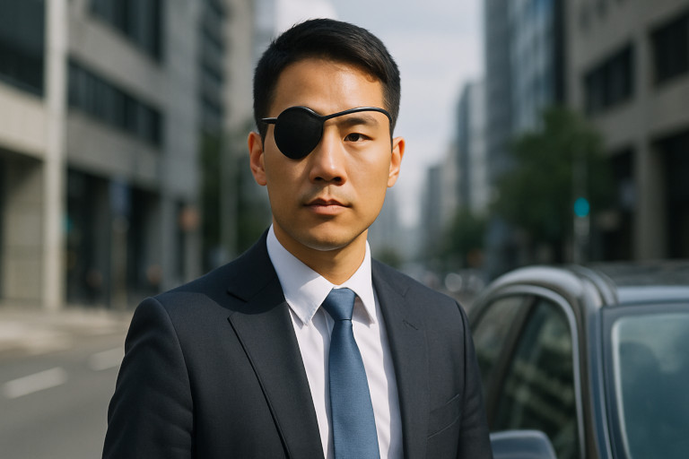 AI-generated image of a confident Taiwanese man with a patch over his right eye wearing a suit and standing beside a car.
