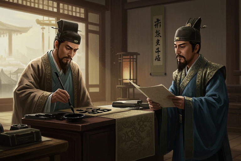 AI-generated image of a scholar writing something while an official sits nearby, reading with interest.