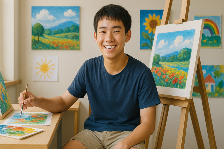 AI-generated image of a smiling Taiwanese teenage boy painting at an easel, surrounded by vibrant artwork.