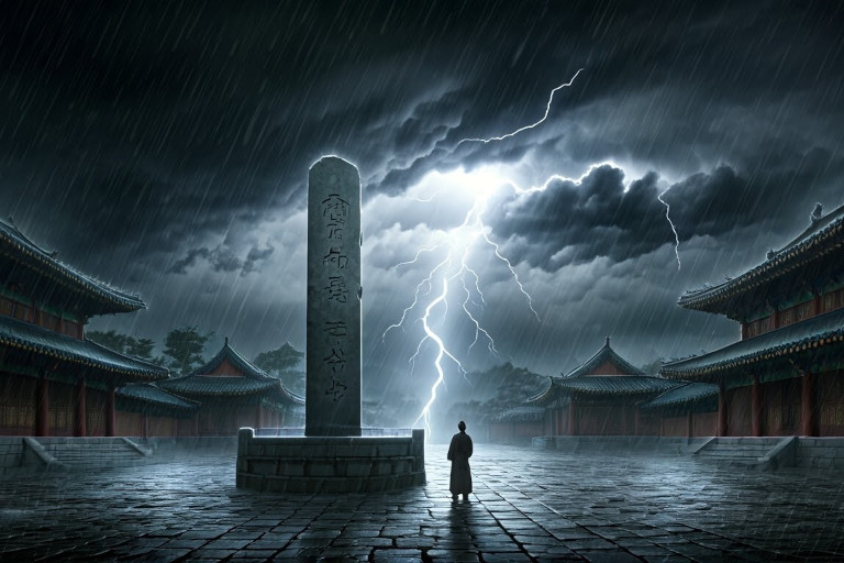 AI-generated image of a storm raging over a temple with a man in robes standing in a courtyard by a stele.