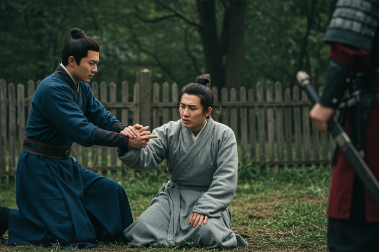 AI-generated image of a Chinese man in a blue robe reaching down to another man kneeling on the ground in a gray robe while a soldier with a sword stands nearby to carry out his punishment.