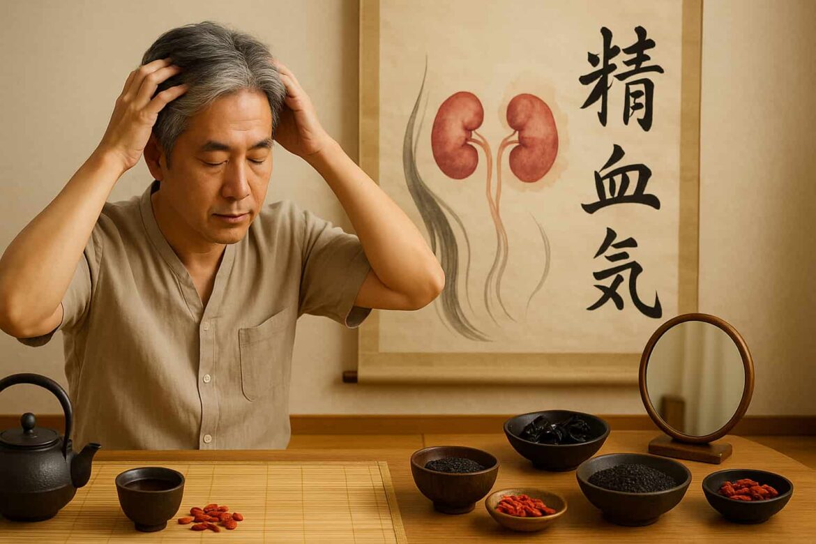 Middle-aged man performing scalp massage in a traditional Chinese wellness setting.
