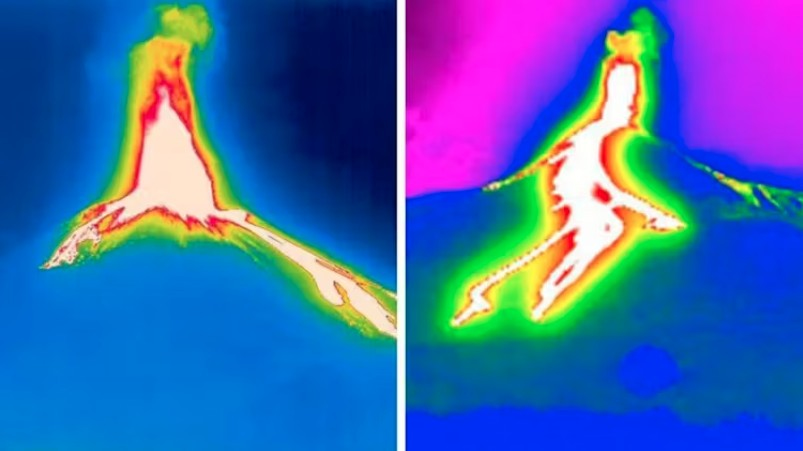 Thermal camera images show the eruption and flows of lava down the side of Mount Etna.