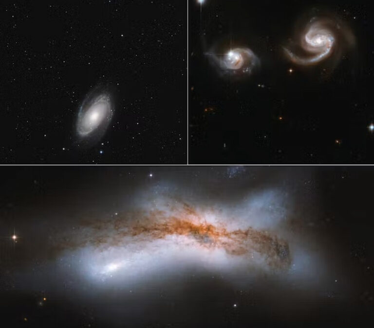 Other galaxies show examples of three future scenarios for the Milky Way and Andromeda: galaxies passing in the night, a close encounter, a full collision and merger.
