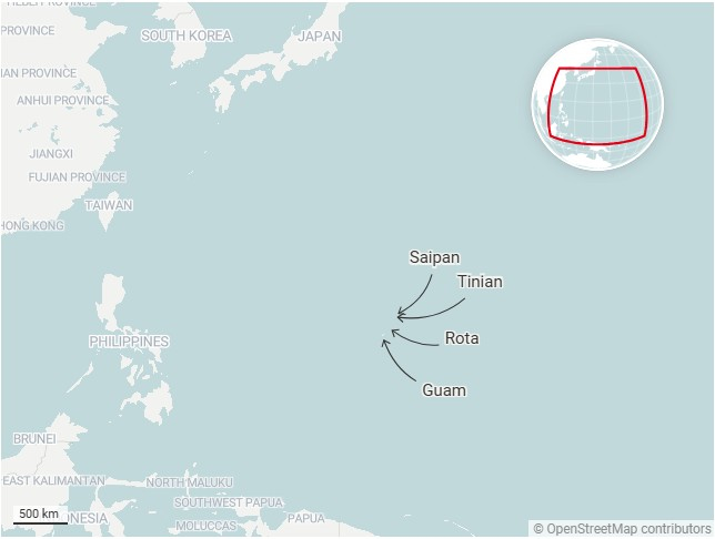 The Mariana Islands are located more than 2,000 kilometers east of the Philippines.