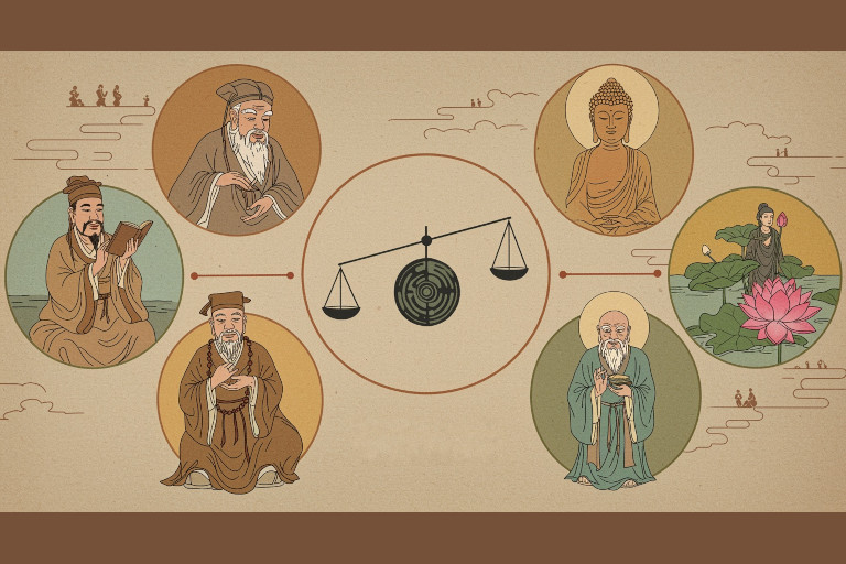 AI-generated image of ancient Chinese philosophers as a line drawing.