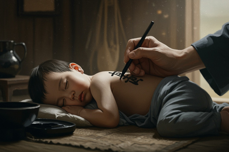 A child's reincarnation with his name on his back.