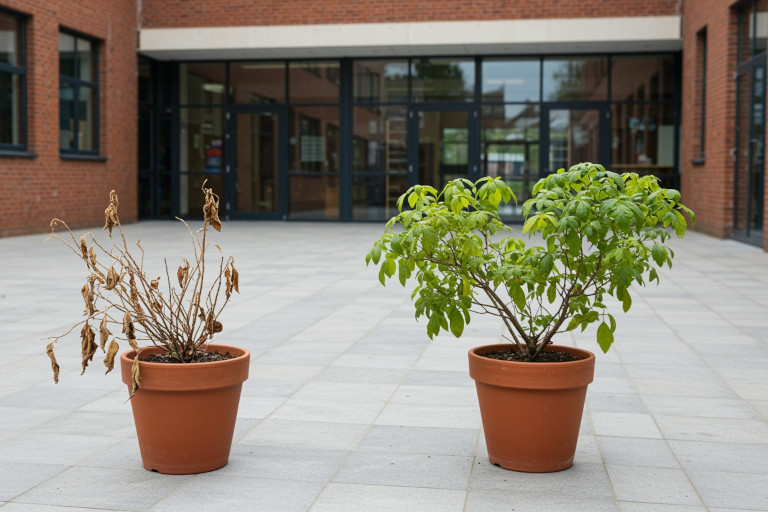 AI-generated image of a dying plant and a thriving plant in identical pots in a school courtyard.