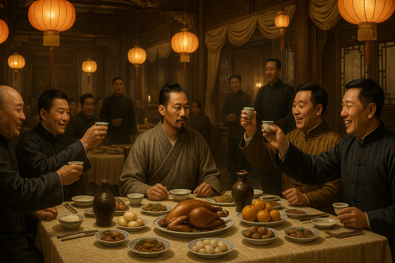 AI-generated image of a Chinese gentleman seated as guest of honor at a Qing Dynasty banquet, surrounded by smiling merchants raising toasts in an ornate Shanghai dining hall.