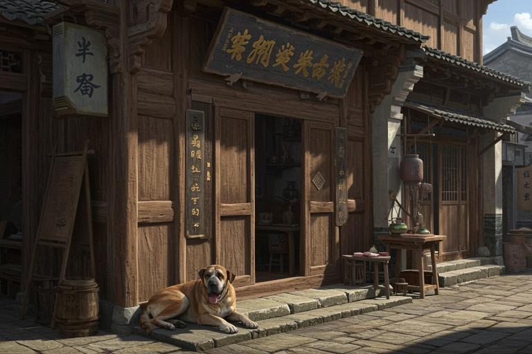 AI-generated image of a detailed street scene showing a large dog resting at the door of a Ming-era wooden shop.