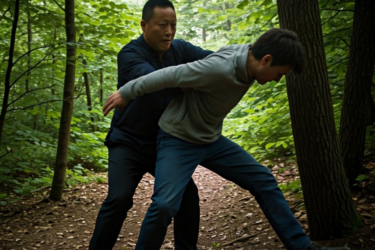 The father leapt into the shadows, yanked the attacker away from the victim, and engaged in a fierce struggle.