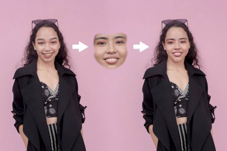 Generative AI being used to swap faces in an image of a young woman.